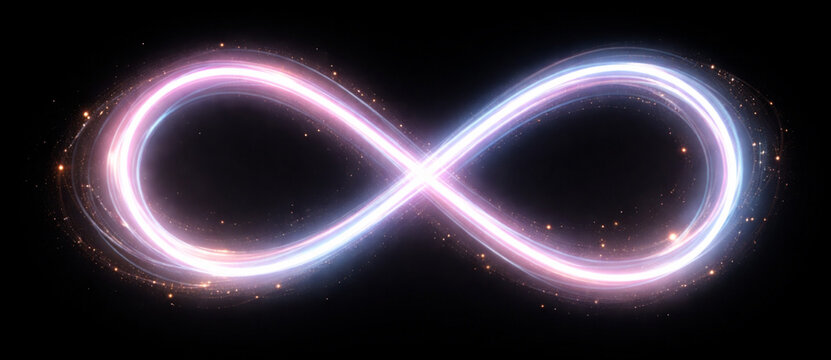 Glowing infinity symbol with flowing light energy loop and abstract neon effect vector illustration on transparent background