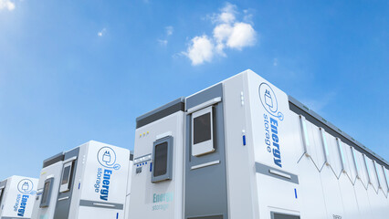 Energy storage system or battery container unit with blue sky background