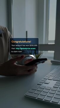Bank fraud through phone messages.Businessman holding phone with scam message on digital screen. Fake text SMS scam.Scammers online.Cyber scam.	