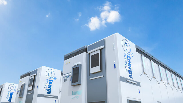 Energy storage system or battery container unit with blue sky background