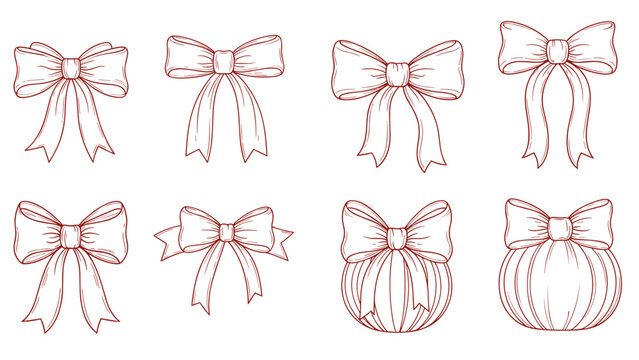 Elegant collection of hand-drawn bows with varied ribbons in thin line art style