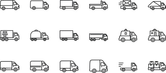 Set of clean line icons representing various types of delivery trucks, vans, and lorries for logistics and transport services. © graphicsobai