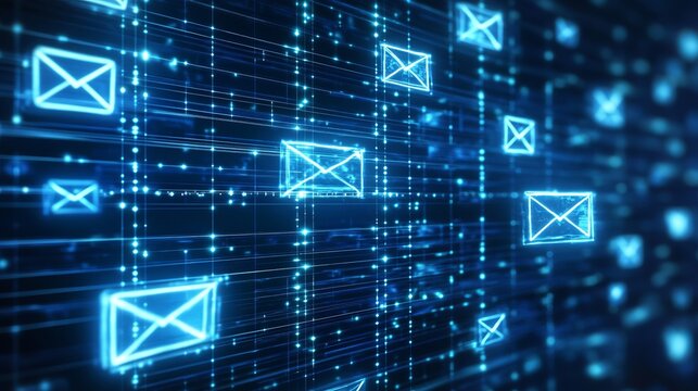 A futuristic digital network of glowing blue envelopes and lines representing email communication