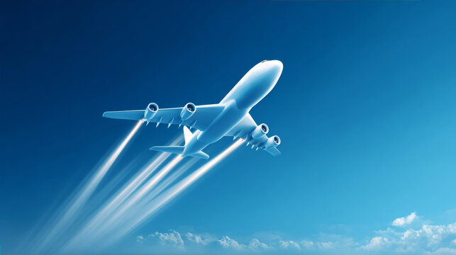 Abstract concept of a massive four-engine passenger jet climbing steeply against a deep blue sky, featuring bright white contrails or motion blur effects.