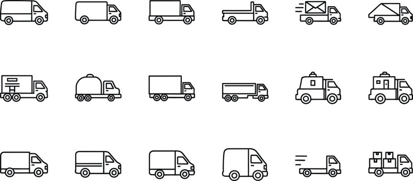 Set of clean line icons representing various types of delivery trucks, vans, and lorries for logistics and transport services.