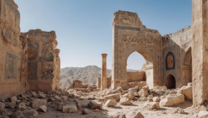 Fototapeta premium Ancient Ruins of a Desert City Under a Clear Blue Sky.