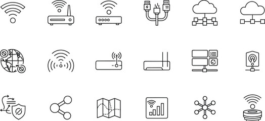 Set of line icons for wireless technology, network devices, internet connectivity, and security protocols.