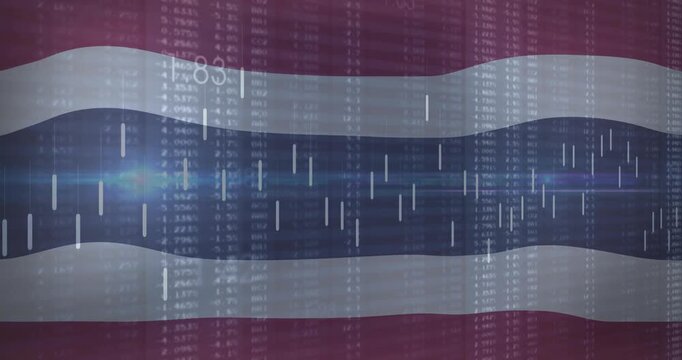 Starting waving on Thai flag stripes displaying scrolling data with pulsing bars visualizing trends