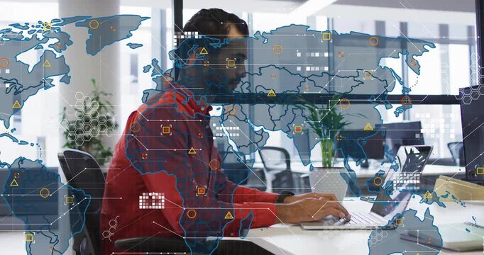 Data analyst typing on laptop causing world map overlay expanding with icons for global analysis