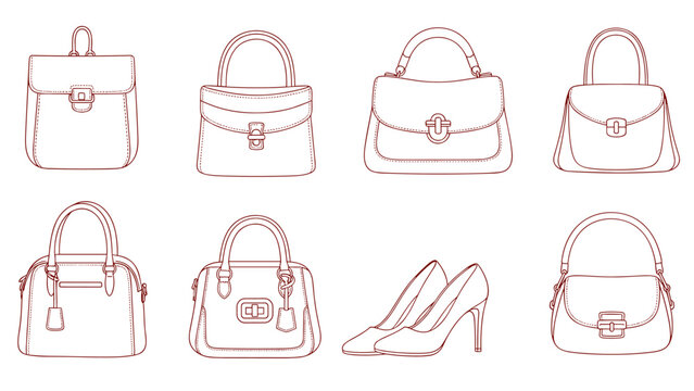 Elegant handbag and high heel line art collection in soft red outline