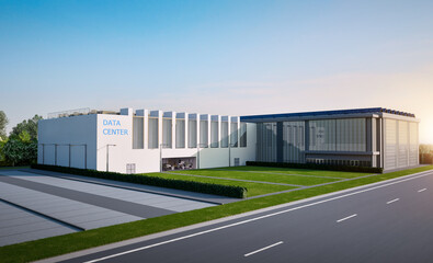 Data center building exterior against blue sky