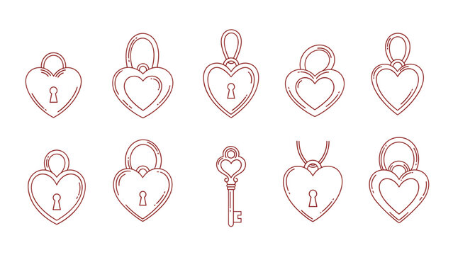 Heart shaped padlocks and key outline collection in minimalist style
