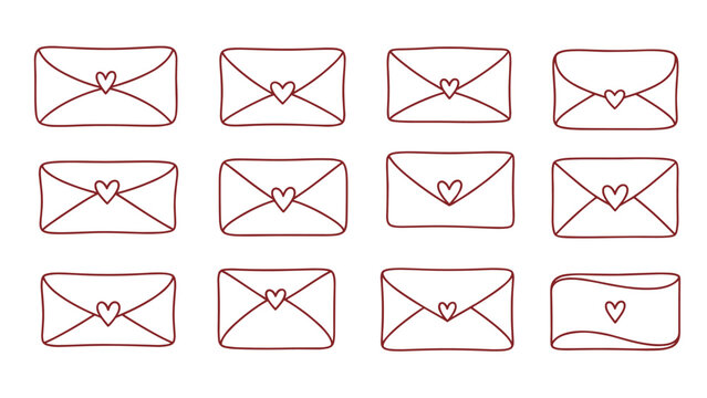 Romantic hand drawn envelopes with heart symbols in red line art style