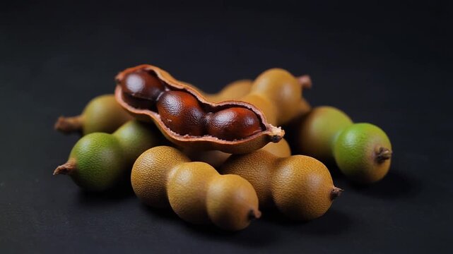 Exotic Tamarind Fruit Still Life on Black Background, Delicious and Sweet Treat