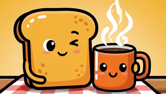 Cute Toast and Coffee Cartoon Animation - A Cheerful Breakfast.