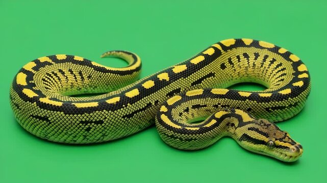 Vibrant jungle carpet python with striking yellow and black scales coiled on a green screen. Exotic reptile sequence showing its detailed skin texture for zoology or pet concepts