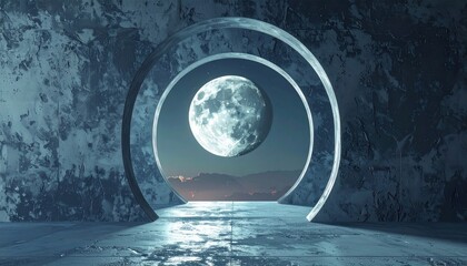 Fototapeta premium Surreal futuristic portal with a full moon visible through the archway and a distant city skyline.
