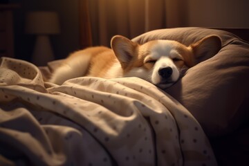 Corgi puppy relaxing on a pillow under a blanket, enjoying deep sleep and comfort