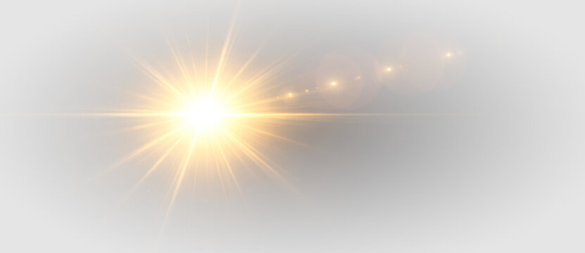 Bright golden light flare with radiant starburst rays and glowing lens effect abstract vector illustration on transparent background