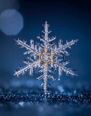 Intricate snowflake with sharp crystalline edges against a dark background