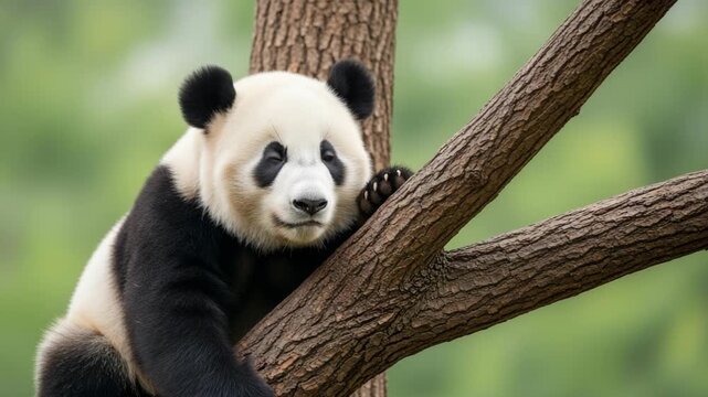 A beautiful giant panda cub resting comfortably on a tree branch in a lush forest. This composite banner shows a sequence of the adorable animal looking around