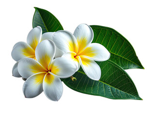 Fototapeta premium Close-up of three white and yellow tropical flowers with lush green leaves on black background