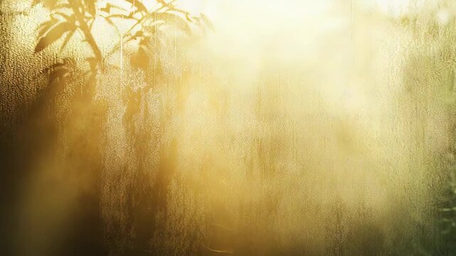 Wet window glass showcasing evaporating condensation on a golden surface, reflecting warm sunlight and casting soft shadows of lush foliage, creating a serene and atmospheric background texture