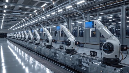 Row of White Robotic Arms at Modern Factory