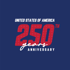 250 years anniversary celebration logo for poster, banner, greeting card. 4th of July Independence Day of America. Number 250 vector illustration on blue background.