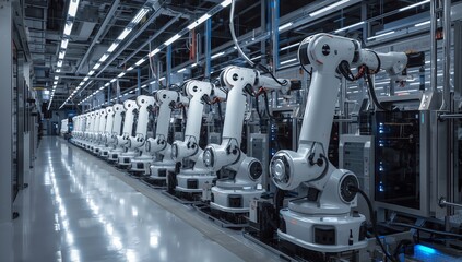 Row of White Robotic Arms at Modern Factory
