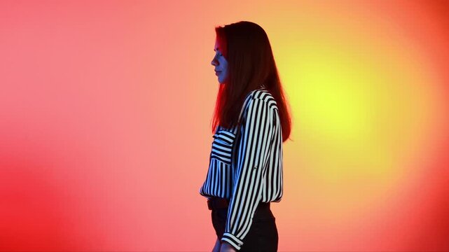 Front facing woman standing during full rotation sequence against vibrant gradient. Concept of hero section visuals, digital storytelling, immersive brand scenes, and modern presentation design.