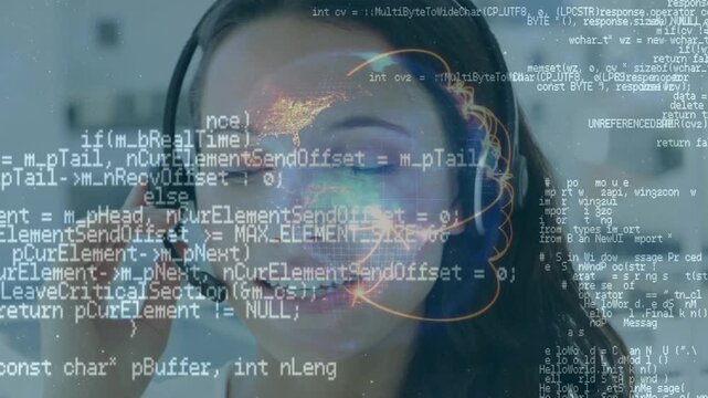 Animation of data processing adn globe over happy caucasian female consultant with headphones