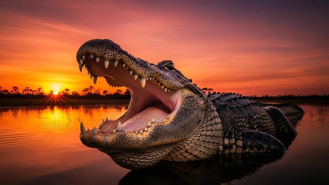 Dramatic panoramic view of a dangerous alligator roaring with its jaws open wide. Majestic wildlife scene in a natural swamp habitat during a beautiful orange sunset