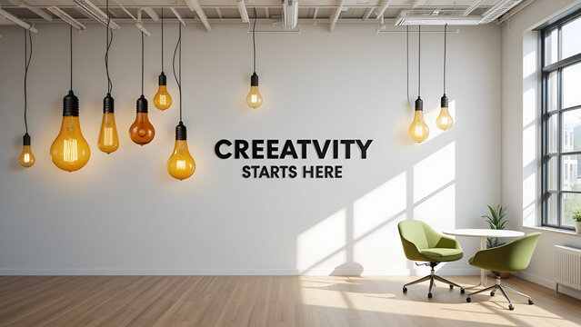 Modern office interior with lightbulbs and motivational wall text.