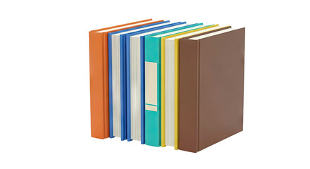 Stack of colorful hardcover books on a white background