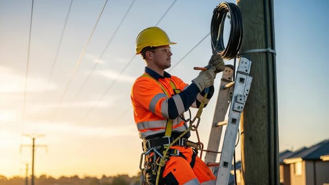 Male lineman in safety uniform working on a utility pole with fiber optic cable. Technician installing high speed internet infrastructure during a beautiful sunset