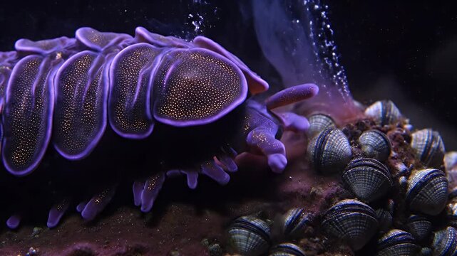 Underwater shot of glowing purple marine life and seabed shells