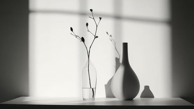 Serene minimalist still life, clear glass vase with a delicate branch beside a soft ceramic vase, bathed in natural light and deep contrasting shadows for modern decor