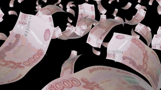 Money rain 5000 rubel russia banknotes money falling down. RUS currency. 3D render. Animation. paper money bills falling. Business and finance
