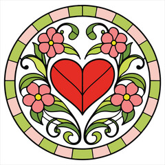 Stained Glass Floral Heart Mosaic illustration, Stained Glass Clipart, Stained Glass Mosaic Design, stained Glass Pattern