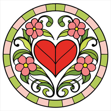 Stained Glass Floral Heart Mosaic illustration, Stained Glass Clipart, Stained Glass Mosaic Design, stained Glass Pattern