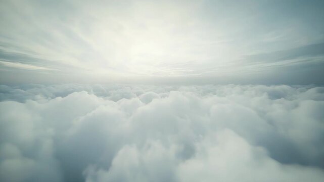 Clouds stretching to the horizon from an aerial perspective, creating a peaceful scene with soft light diffusing from the bright sky, representing freedom, travel, and inspiration