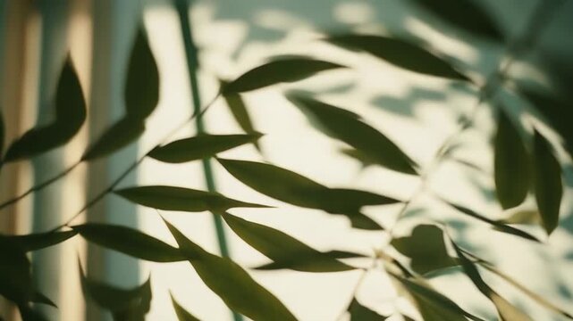 Green plant leaves with delicate veins catching soft light, casting beautiful natural shadows and reflections on a bright, minimalist background, evoking a calm and serene atmosphere