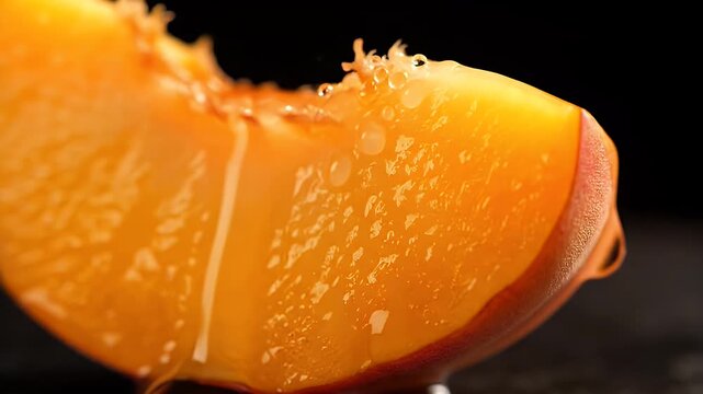 Juicy peach slice macro with sweet liquid pouring over dark background