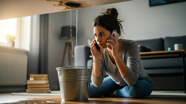 Stressed adult woman on the phone dealing with a water leak from the ceiling. Water drips into a bucket on the floor causing damage. Homeowner insurance claim and emergency repair concept