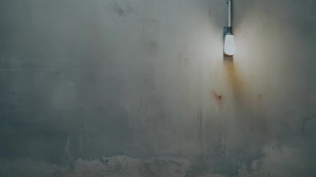 Bare concrete room with weathered wall and floor, damp texture and grime, illuminated by a single exposed light bulb casting stark shadows for a minimalist, desolate industrial background