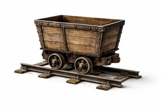 Antique wooden mining cart with metal corner reinforcements on short rail track isolated on white background