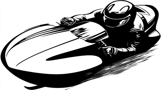 Bobsledder in action, black and white illustration of winter sport. This dynamic illustration captures the speed and thrill of bobsledding, a popular winter sport
