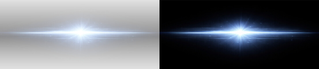 Blue horizontal light flare with glowing lens effect energy beam and abstract cosmic illumination vector illustration on transparent background © Victoria