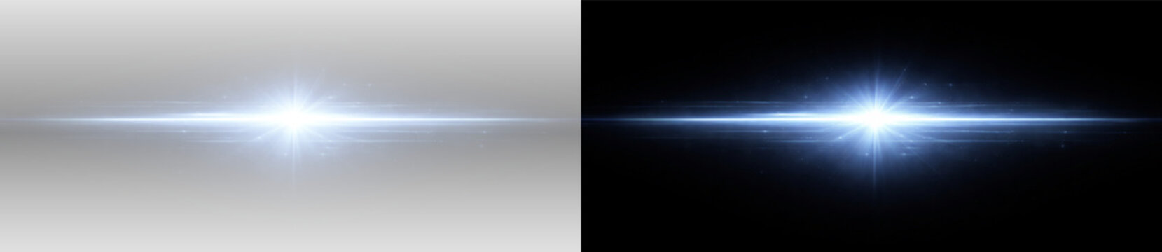 Blue horizontal light flare with glowing lens effect energy beam and abstract cosmic illumination vector illustration on transparent background